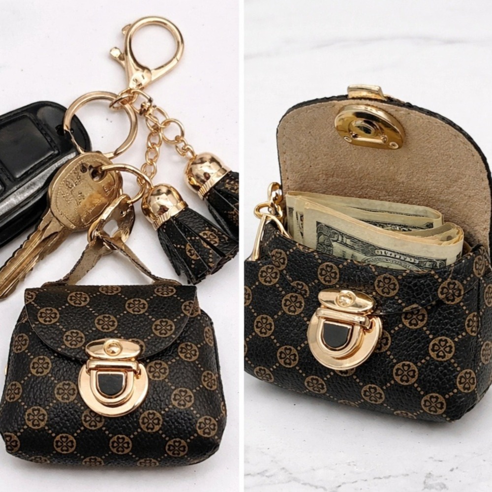 Mini Bag Charm w/ Tassels Key Holder Goldtone Hardware‎ **READ DESCRIPTION**#348